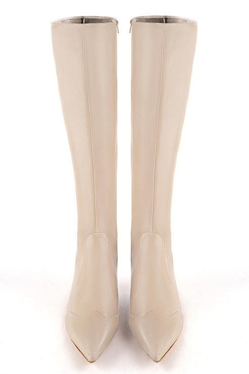 Champagne white women's feminine knee-high boots. Pointed toe. Low flare heels. Made to measure. Top view - Florence KOOIJMAN